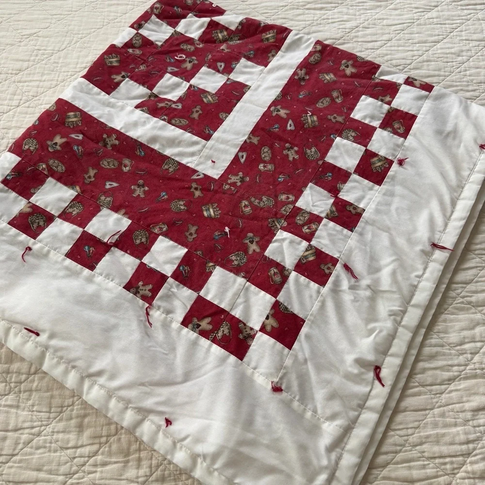 Vintage Handmade Patchwork Quilt – Red & White – 50” x 50” – Hand-Tied
